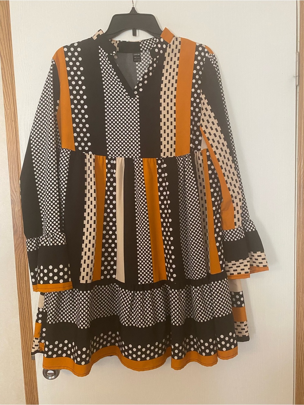 Striped & Polka Dot Tiered Tunic Dress in Black, Mustard & Cream size Large